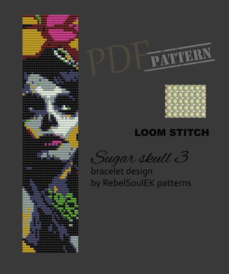 instant download bead loom pattern loom beading sugar skull loom square pattern Santa Muerte beadwork pattern loom bracelet