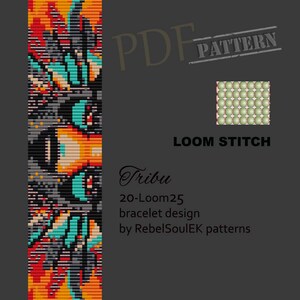 May include: A colorful loom bead bracelet pattern with a geometric design. The pattern is called "Tribu" and is for a 20-loom with 25 beads. The pattern is by RebelSoulEK patterns.
