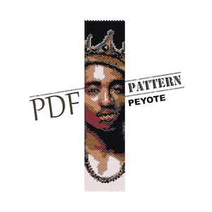 May include: A beading pattern for a peyote stitch bracelet featuring a portrait of a person wearing a crown. The pattern is available as a PDF download.
