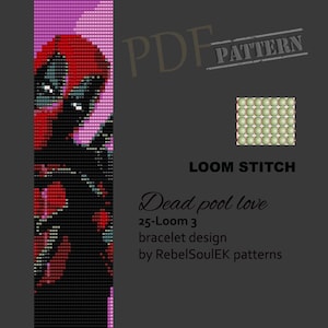 May include: A loom beading pattern for a bracelet featuring a red and black Deadpool character. The pattern is for a 25-loom, 3-loom bracelet design by RebelSoulEK patterns.
