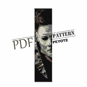 May include: A black and white peyote stitch beading pattern for a bracelet featuring a detailed portrait of a person with green and brown accents. The pattern is labeled "PATTERN PEYOTE" and "PDF".