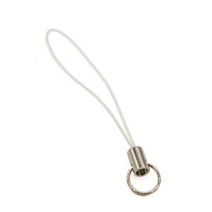 May include: A white lanyard with a silver-colored metal ring and barrel. The lanyard is made of a thin, white cord, looped at the top. The metal ring is attached to a metal barrel.