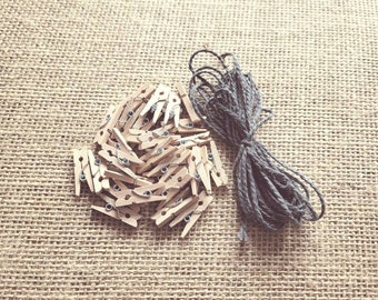 Mini Wooden Pegs with Grey Jute String: Photo Display Set