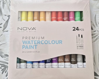 Watercolour Paint Set: 24 Vivid Colours, 3 Brushes, Palette Case