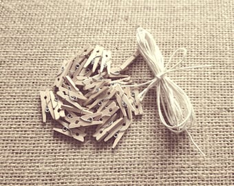 Mini Wooden Pegs & White Jute String Set: Photo Display