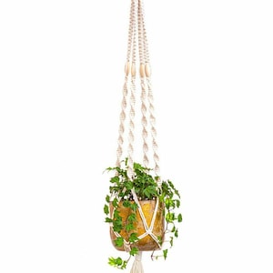 May include: A hanging macrame plant holder with a gold-colored glass pot filled with green plants. The macrame is made of cream-colored rope and features wooden beads. The plant holder is suspended against a white background.