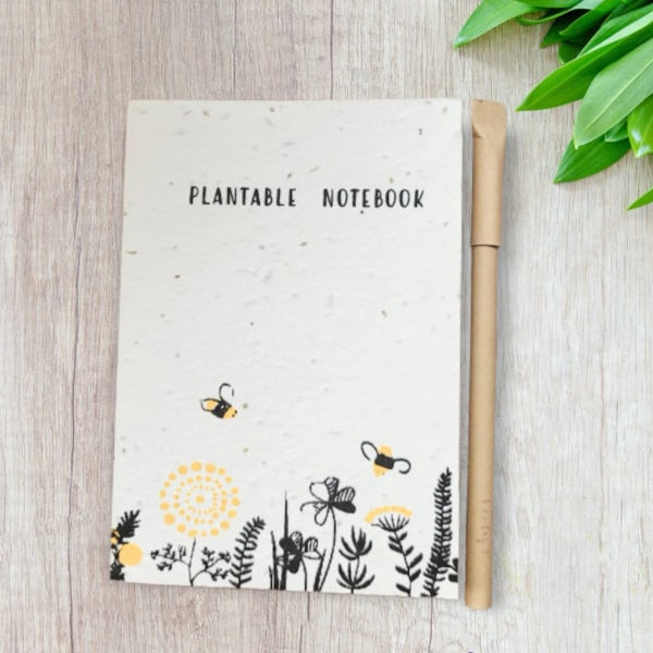 Seed Paper Notebook, Plantable Seeded Notebook with Bee A6 with Paper Pen, Eco-friendly Notepad, Zero Waste Stationery, Eco Notebook