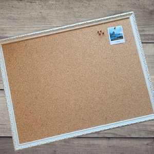 White Framed Cork Board for Office, Ornate Pin Board for Wall, Vintage Style Decor, Notice Board, Cork Board