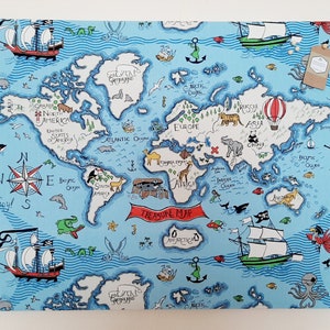 May include: A blue and white illustrated world map with a red banner that says "TREASURE MAP". The map features various animals, ships, and a hot air balloon. The map is surrounded by a blue ocean with white waves.