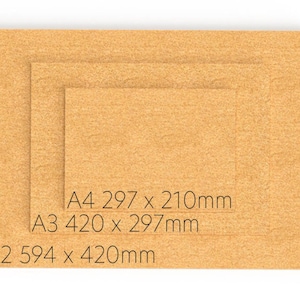 May include: Three rectangular tan cork sheets stacked in descending size order. The sheets are labeled with black text: A4 297 x 210mm, A3 420 x 297mm, and A2 594 x 420mm. Each sheet features a natural, granular, and textured surface.