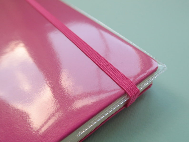 May include: A pink notebook with a clear plastic cover and a pink elastic band closure.