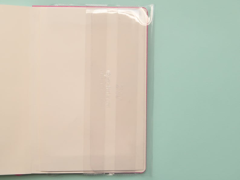May include: A pink notebook with a clear plastic cover. The cover has a white stripe down the center.
