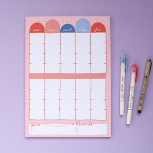 May include: A pink weekly planner with a grid layout and colorful headings for each day of the week. The planner has sections for goals and rewards.