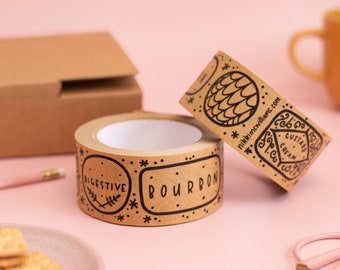 Biscuits Kraft Paper Parcel Tape - 50mm Paper Sticky Tape - Custard Cream / Digestive / Bourbon Wrapping Tape