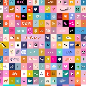 May include: A colorful pattern of small squares, each containing a unique graphic. The squares are in various colors, including pink, blue, yellow, and green. The graphics include stars, hearts, flowers, and other whimsical designs.