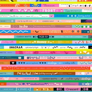 May include: A colorful collage of horizontal bands with text and decorative elements. The bands feature various colors like pink, blue, and yellow, with phrases such as "SANTA FE" and "FLOWER SHOP". The design is vibrant and artistic.