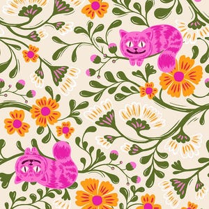 May include: A whimsical pattern featuring pink cats lounging among orange and pink flowers and green vines on a cream background. The design has a playful, illustrative style, perfect for fabric or wallpaper.