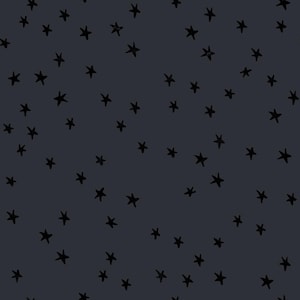 May include: Dark navy blue background with a scattered pattern of black, hand-drawn stars. The stars vary slightly in size and orientation, creating a whimsical, celestial design. This pattern is suitable for various applications, including fabric, wallpaper, or digital art.