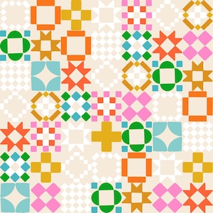 May include: A repeating pattern of geometric shapes on a cream background, featuring stars, crosses, and squares in vibrant shades of orange, mustard yellow, bright green, light blue, and pink, arranged in a grid-like quilt block design.
