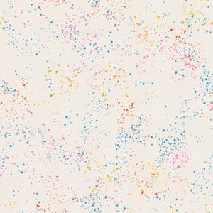 May include: Off-white fabric with a repeating pattern of colorful paint splatters. The splatters are in shades of blue, pink, yellow, and red, creating a playful and vibrant design. The fabric appears to be a cotton or linen blend.