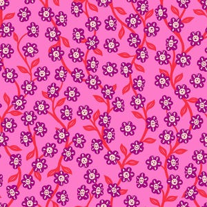 May include: A repeating pattern of smiling purple flowers with off-white centers and red stems and leaves on a bright pink background. The floral design is whimsical and cheerful, suitable for fabric or wallpaper.