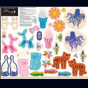 May include: A Ruby Star Society Cut & Sew fabric panel featuring various printed shapes including ice cream cones, octopuses, tigers, balloon animals, ducks, gummy bears, suns, and flowers. The panel includes printed instructional text in the corner.