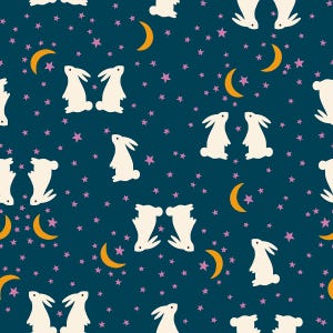May include: A repeating pattern featuring white rabbits, pink stars, and orange crescent moons on a dark teal background. The design is whimsical and evokes a nighttime or celestial theme, suitable for fabric or wallpaper.