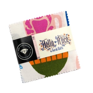 May include: A bundle of 2.5-inch fabric squares from the "Hello Alice" collection by Sarah Watts. The fabric features colorful floral and geometric patterns in pink, orange, green, and blue. The bundle is wrapped with a black band that has the Ruby Star Society logo.