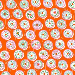 May include: An orange background features a repeating pattern of sewing thread spools. The spools are pink, white, and green, with various text and designs. The text includes phrases like "Sew with Love" and "Twirled Up Thread."