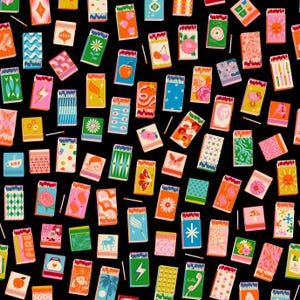 May include: A pattern of colorful matchboxes on a black background. The matchboxes feature various designs, including flowers, fruits, and geometric patterns. The color palette includes pink, orange, blue, and green.
