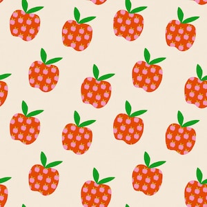 May include: A repeating pattern of stylized red apples with green leaves and pink apple-shaped accents on a cream background. The apples are evenly spaced, creating a playful and cheerful design, suitable for various applications.