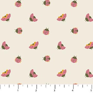 May include: Cream-colored fabric with a repeating pattern of stylized ladybugs. The ladybugs feature pink wings, brown bodies, and green accents. The fabric is suitable for various sewing and crafting projects.