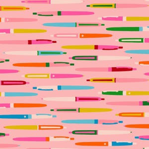 May include: A pattern of colorful pens in various shades of pink, blue, orange, yellow, and green, arranged on a light pink background. Some pens have star details. The pens are of varying lengths and orientations.