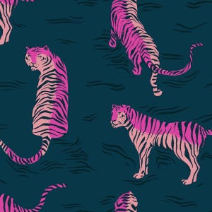 May include: A repeating pattern featuring stylized pink tigers with black stripes on a dark teal background. The tigers are depicted in various poses, creating a dynamic and eye-catching design. The overall theme is a bold and modern animal print.
