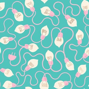 May include: A repeating pattern on a teal background featuring white light bulbs with pink bases connected by pink electrical cords. The design includes a pink electrical plug and shows the internal filaments of the bulbs in a simple line drawing style.