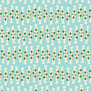 May include: A seamless pattern of candy canes with a pink and green diamond pattern on a light blue background.