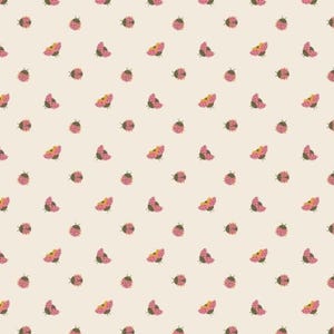 May include: A repeating pattern of pink ladybugs with black spots and yellow accents on a cream background. Some ladybugs are open, showing their wings. The ladybugs are in various sizes and orientations.