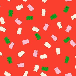 May include: A vibrant red fabric featuring a repeating pattern of small gummy bear candies in various colors including white, light pink, and bright green. The gummy bears are scattered across the surface in different orientations and positions.