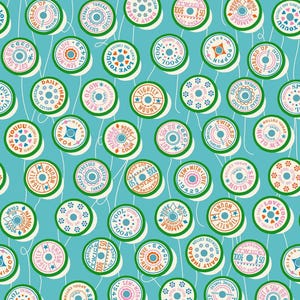 May include: A repeating pattern of sewing spools in various colors, including teal, pink, orange, and green, on a light blue background. Each spool features text like "Love You" and "Daily Thread". White curved lines connect the spools.