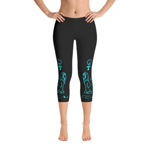 Egyptian leggings, Lion leggings, Hieroglyphs Leggings, Lions Ankh Leggings, Cat Leggings,Egyptian Lion Aqua and Black Capri Leggings