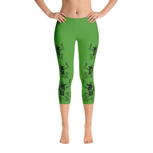 Egyptian Anubis leggings, Egyptian Green and Black Capri Leggings, Anubis capri Leggings, Egyptian Underworld Capri Leggings