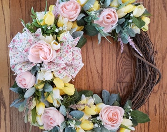 Spring Floral Wreath, Farmhouse wreath, Spring Tulip Wreath, Easter Wreath, Mother's Day Gift, Spring decor, Lambs Ear wreath,