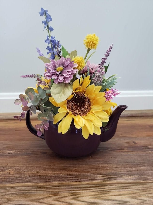 Purple Floral Teapot Centerpiece, Tea Lover, Purple Teapot, Floral
