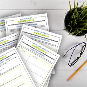 May include: A set of five white worksheets with black text and yellow highlights. The worksheets are titled "Idea Validation Lesson", "Problem Awareness Journey", "Book Discovery Criteria", "Bestselling Formula Lesson: Community Questions", and "Bestselling Formula Lesson: Your Framework".