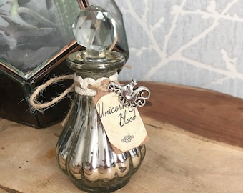 Silver Unicorn Blood Potion Bottle with Unicorn Charm & Label