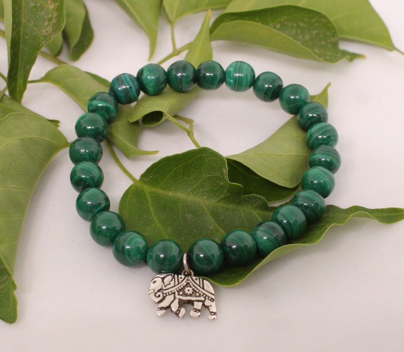 Malachite with Elephant Charm Bracelet,Sterling Silver Charm Bracelet,Malachite Bracelet,Stretch Bracelet,Yoga Bracelet,Green Beads Bracelet