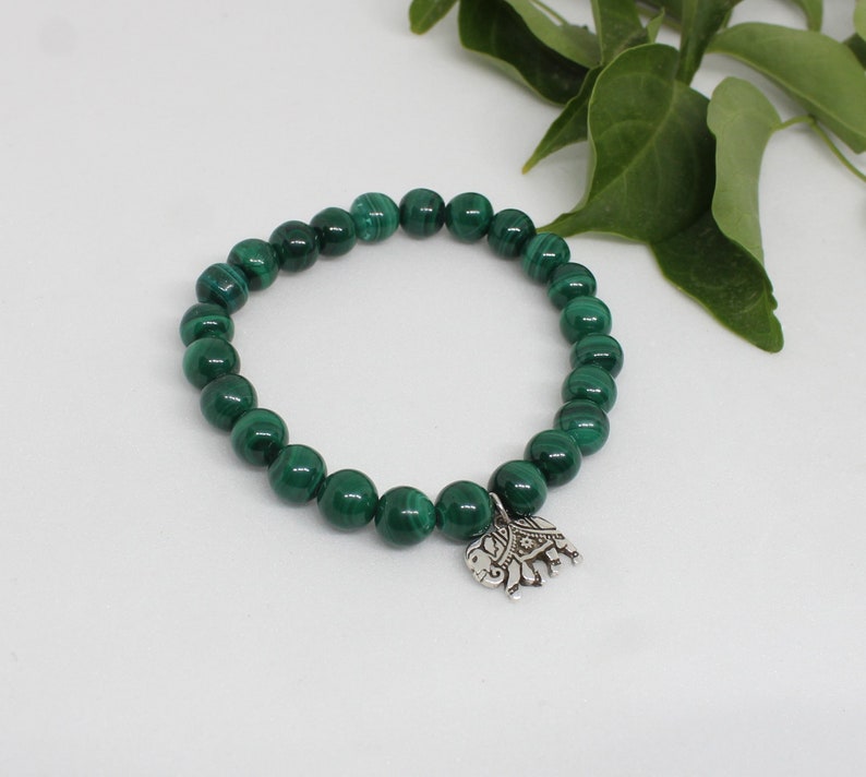 Malachite with Elephant Charm Bracelet,Sterling Silver Charm Bracelet,Malachite Bracelet,Stretch Bracelet,Yoga Bracelet,Green Beads Bracelet