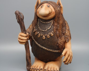 Halvi - Handmade troll figure made of modelling clay and wood, unique