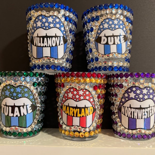 Custom Bedazzled Bling Shot Glasses - College or Sorority Roommate  Dorm Gift - Custom Made for Any School or Occasion -  College Acceptance