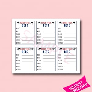 Set van 6 wedkaarten paardenraces, afdrukbaar, wedbewijs, plaats je weddenschappen, digitaal bestand, Belmont Party, gokker, download, pool